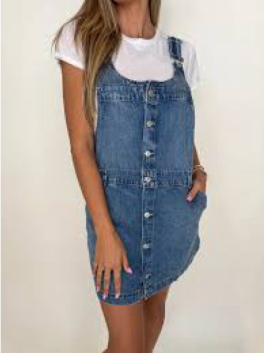 Button-Front Denim Pinafore Dress in Classic Blue